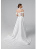 Off Shoulder Beaded Ivory Lace Satin Slit Wedding Dress